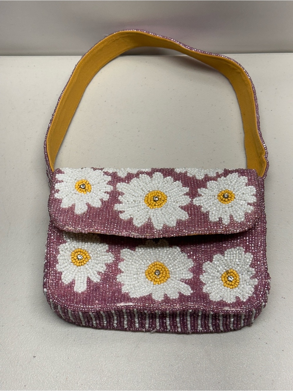 VIRAL PURPLE DAISIES HAND BEADED HANDBAG/SHOULDER BAG MADE IN INDIA NWT